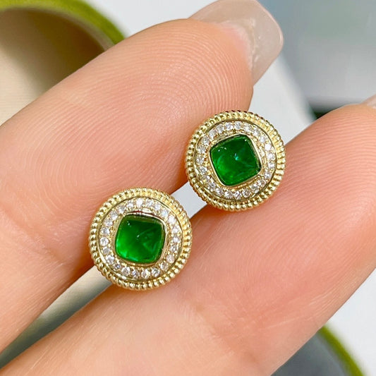 18K Gold Natural Emerald Diamond Earrings